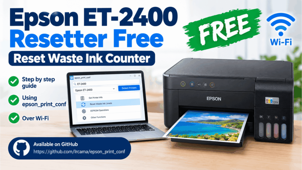 Epson ET-2400 Resetter Free: imagen de la impresora EcoTank ET-2400 y herramienta de reseteo del contador de tinta residual.