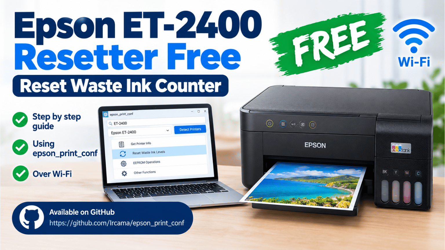 Epson ET-2400 Resetter Free: imagen de la impresora EcoTank ET-2400 y herramienta de reseteo del contador de tinta residual.