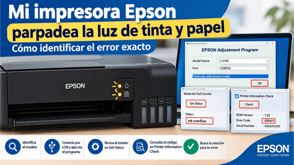 Impresora Epson con las luces de tinta y papel parpadeando, indicando un posible error que requiere diagnóstico.