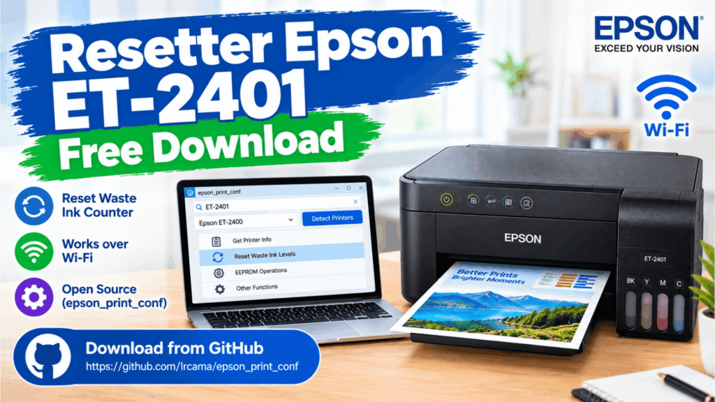 Resetter Epson ET-2401 Free Download: herramienta de reseteo para el contador de tinta residual de la impresora Epson EcoTank.