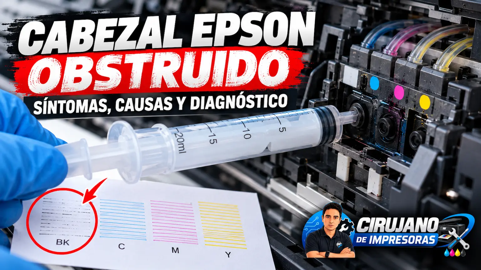 Cabezal Epson obstruido diagnosticado con jeringa y test de inyectores