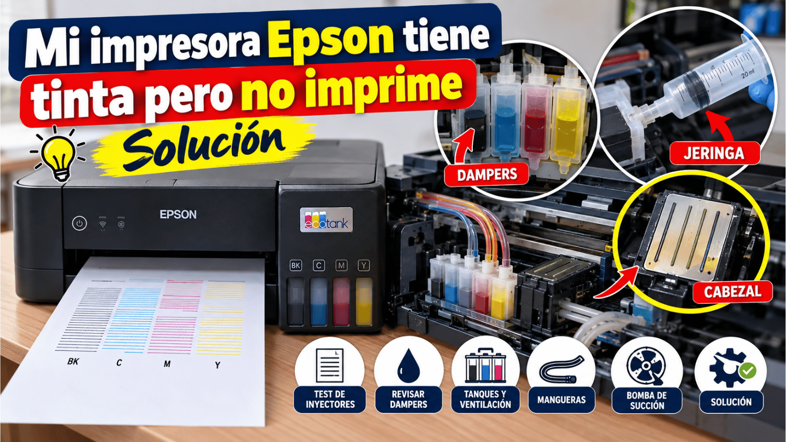 Impresora Epson tiene tinta pero no imprime: diagnóstico del cabezal, dampers y sistema de alimentación de tinta.