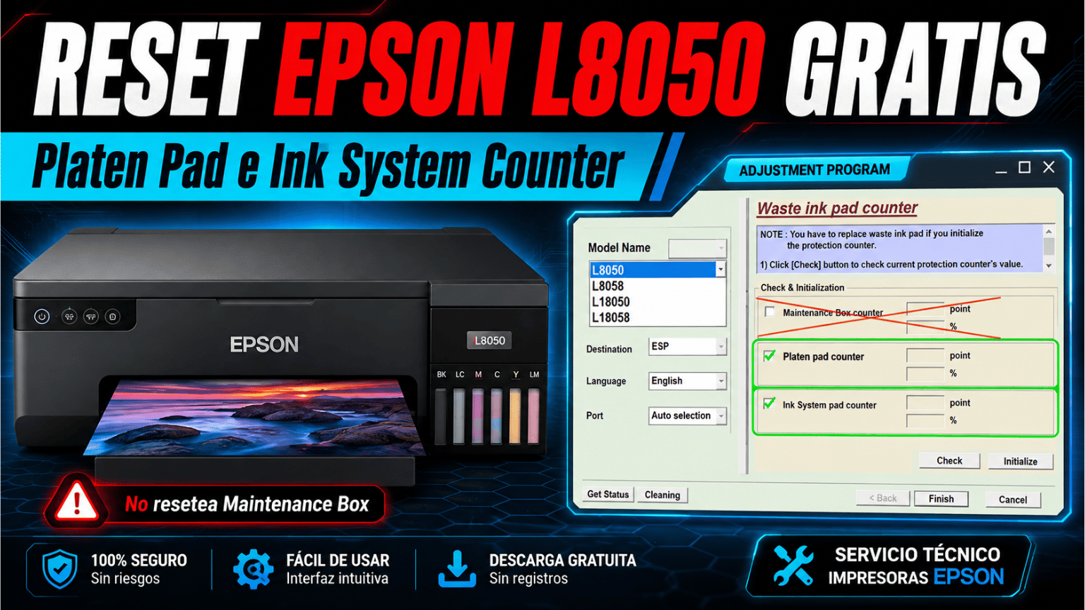 Reset Epson L8050 Gratis con Platen Pad e Ink System Counter