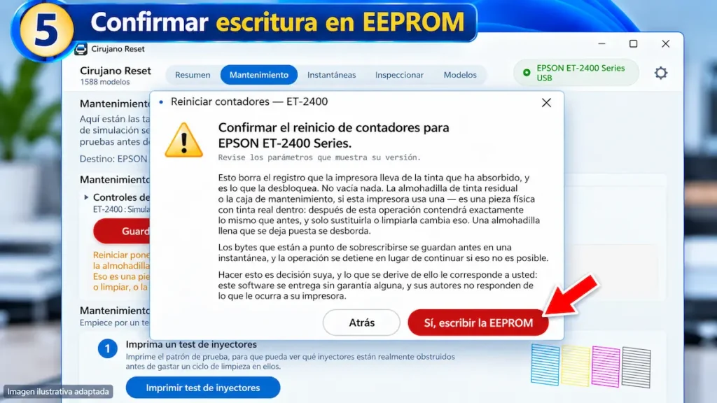 Ilustración de la confirmación de escritura en EEPROM para Epson ET-2400 en CirujanoReset