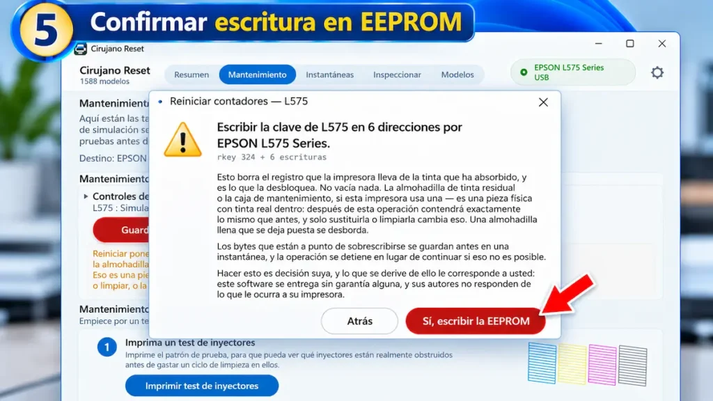 Paso 5 de CirujanoReset: ventana de confirmación de escritura EEPROM para reiniciar los contadores de la impresora Epson L575.