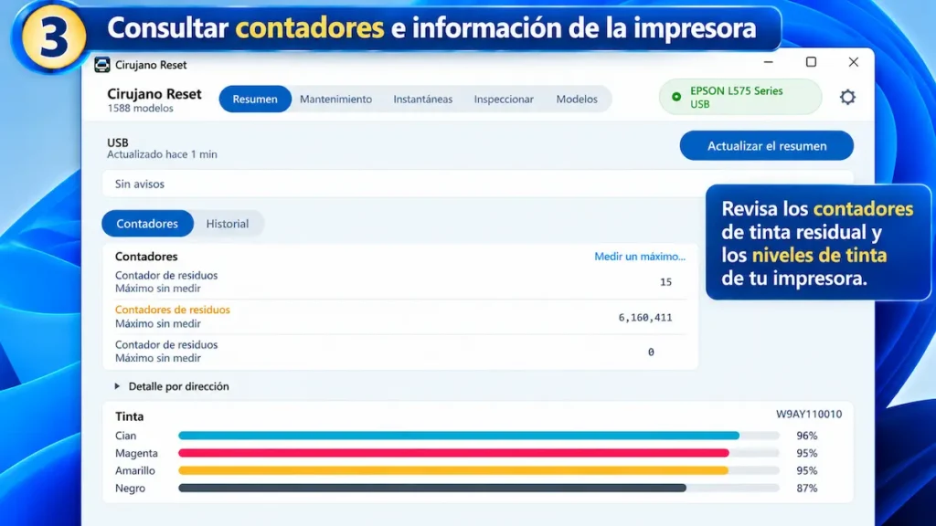 Paso 3 de CirujanoReset: pantalla de resumen de la Epson L575 con contadores de tinta residual y niveles de tinta.