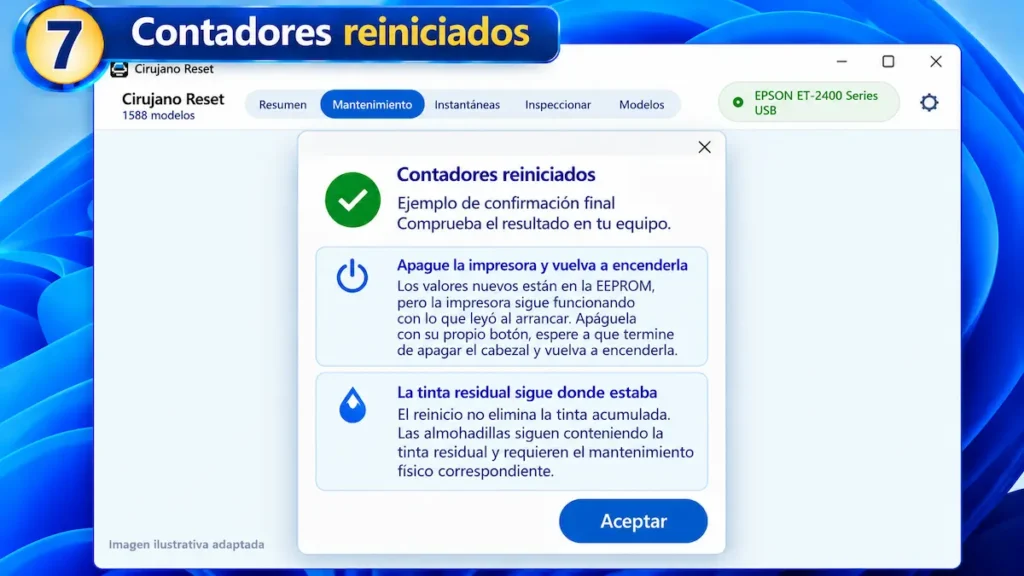 Ilustración de la confirmación de reinicio de contadores para Epson ET-2400 en CirujanoReset