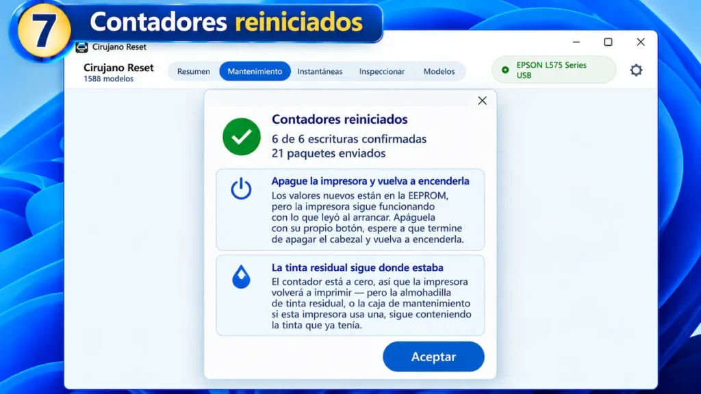 Paso 7 de CirujanoReset: mensaje de contadores reiniciados con éxito en una impresora Epson L575 y confirmación de escritura EEPROM.