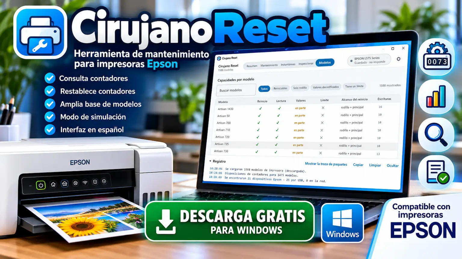 CirujanoReset gratis para Windows, herramienta para consultar y restablecer contadores de tinta residual en impresoras Epson compatibles.