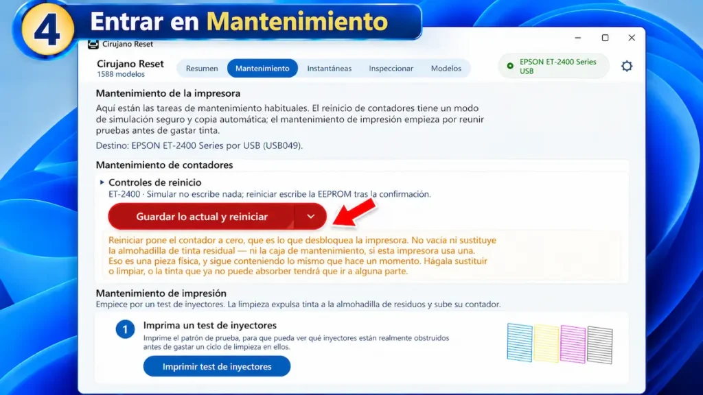Pestaña Mantenimiento de CirujanoReset con el botón Guardar lo actual y reiniciar para Epson ET-2400