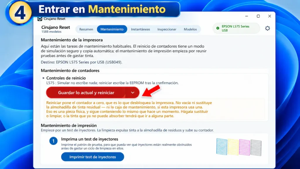 Paso 4 de CirujanoReset: pestaña Mantenimiento con la opción Guardar lo actual y reiniciar los contadores de la impresora Epson L575.