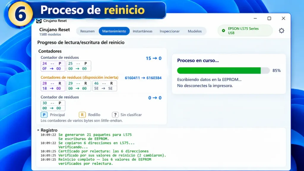 Paso 6 de CirujanoReset: pantalla del proceso de reinicio de contadores Epson con progreso de escritura en memoria EEPROM.