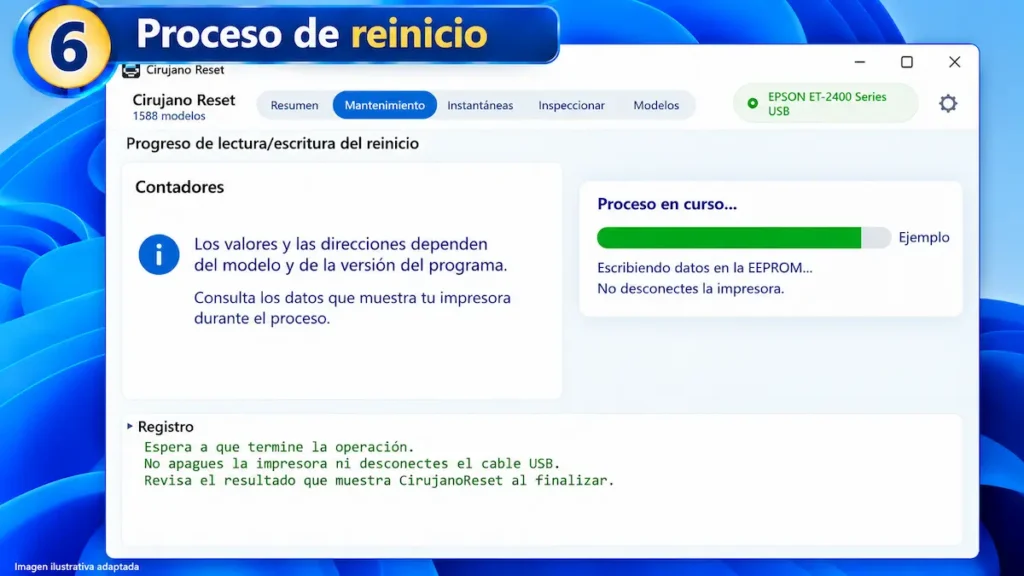 Ilustración del proceso de reinicio de contadores de la Epson ET-2400 con CirujanoReset