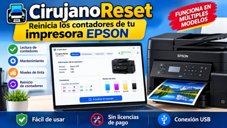 CirujanoReset, programa para reiniciar contadores de tinta residual de impresoras Epson, con herramientas de mantenimiento y conexión USB.