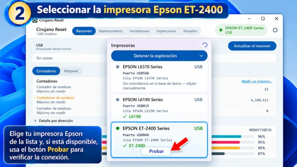 Selección de la Epson ET-2400 por USB en CirujanoReset y ubicación del botón Probar