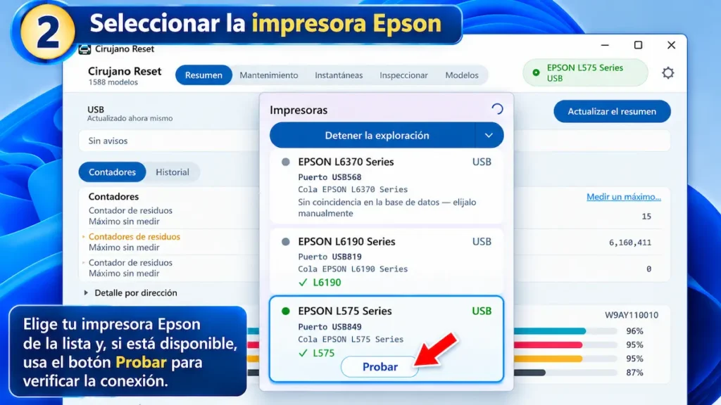 Paso 2 del tutorial de CirujanoReset: seleccionar una impresora Epson L575 de la lista de dispositivos detectados por USB.