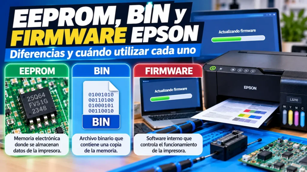 Infografía sobre las diferencias entre EEPROM, BIN y firmware Epson en la reparación de impresoras