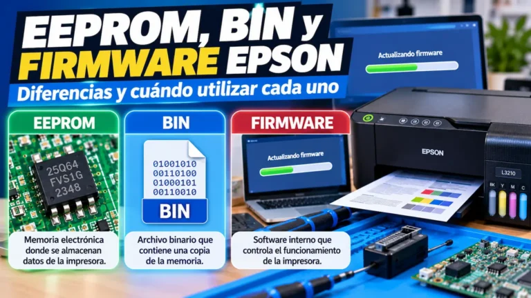 Infografía sobre las diferencias entre EEPROM, BIN y firmware Epson en la reparación de impresoras