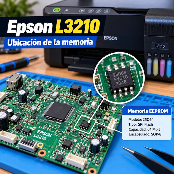 Ilustración de placa electrónica y memoria de la Epson L3210 para programación BIN.
