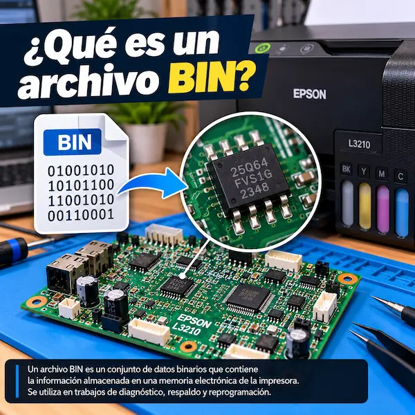 Archivo BIN representado junto a una memoria electrónica de impresora Epson L3210.