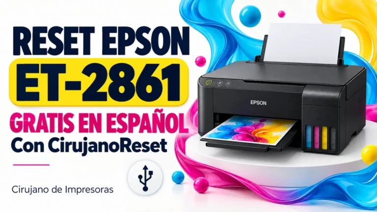 Ilustración de una Epson EcoTank ET-2861 junto al texto Reset gratis en español con CirujanoReset.