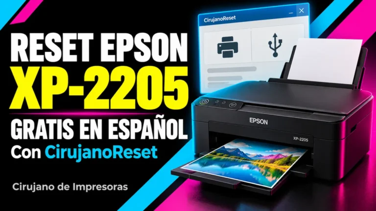 Ilustración de una Epson XP-2205 junto al texto Reset gratis en español con CirujanoReset
